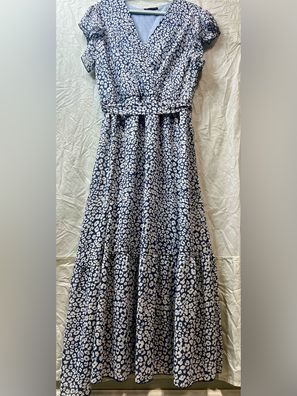 Prettygarden Blue White Leopard Print Wrap Maxi Dress V-Neck Belted Ruffle Hem